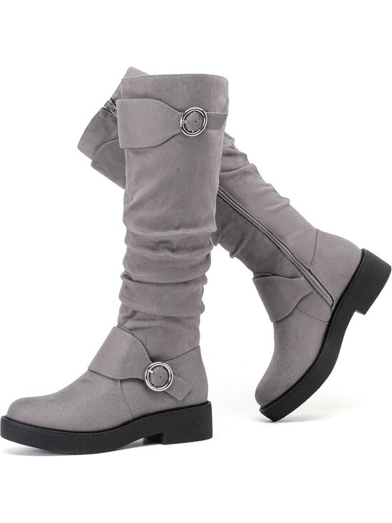 Shoes - Women's Grey  Leather Rubber Slouchy Knee High Comfortable Stylish Tall Boots